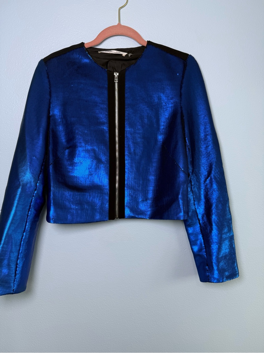 Diane Von Furstenberg Metallic Blue sequin Cropped Zip Jacket